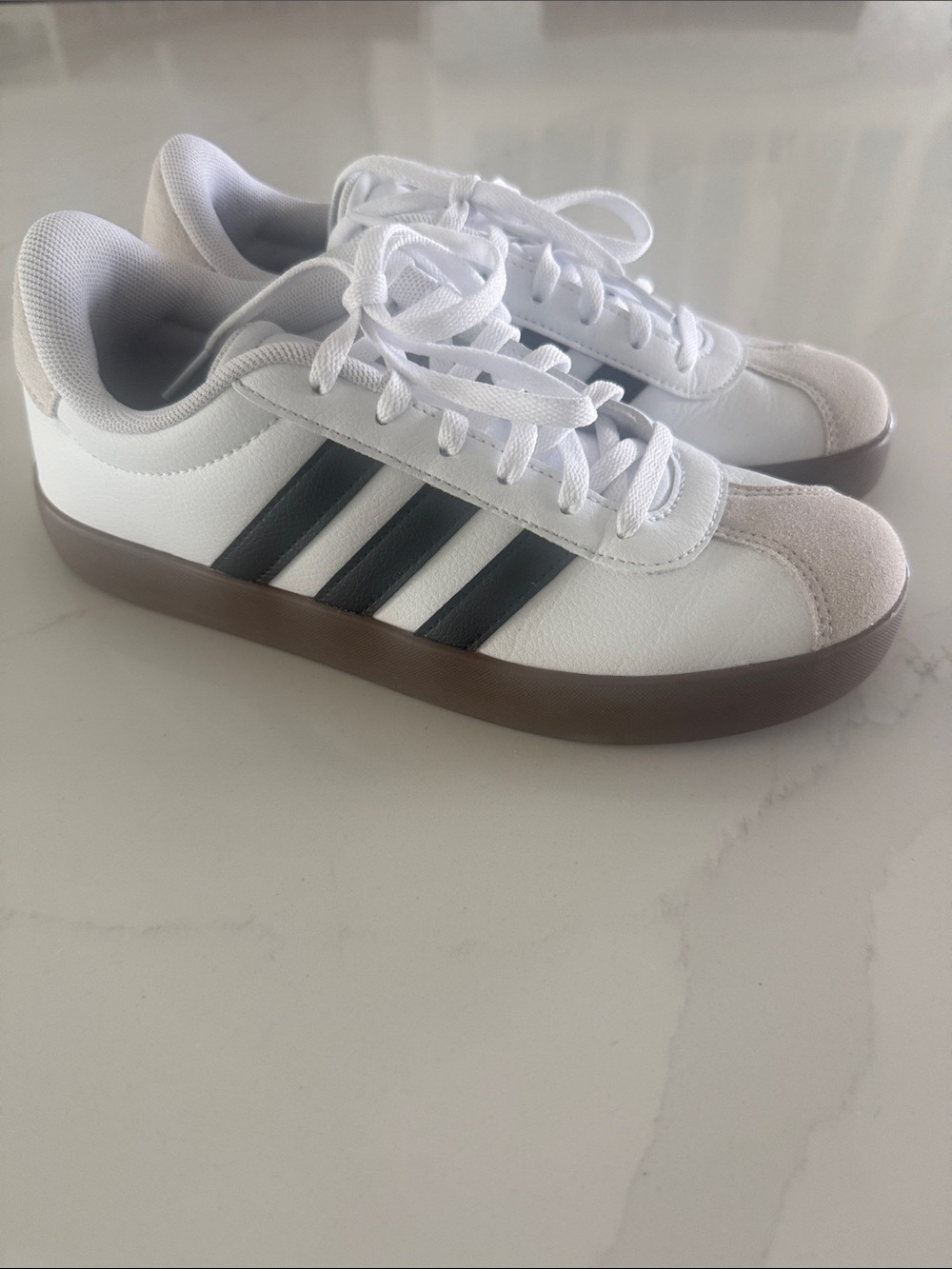 adidas Court Sneakers with Black Stripes and Brown Gum Sole